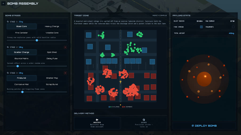 Bomb Assembly screen with threat map and payload stats
